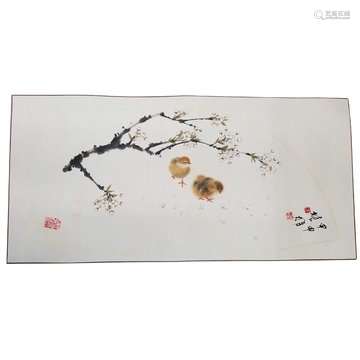 Chinese Fan Painting of Chicks under Flower Branch