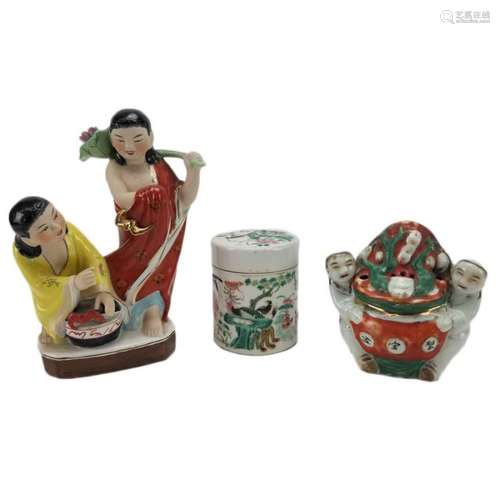 A Famille Verde Jar and Two FamilleÂ Rose Figurines