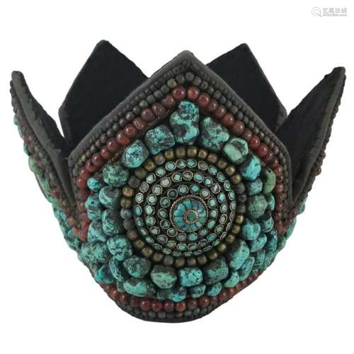 A Tibetan Antique Turquoise and Coral Ceremonial Headdr