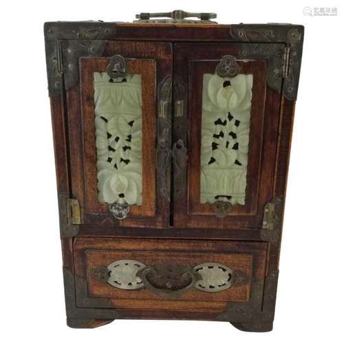 Qing Dynasty Hardwood with Jade Inlaid Jewelry Box