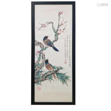 Two birds perched on a plum blossomÂ tree.