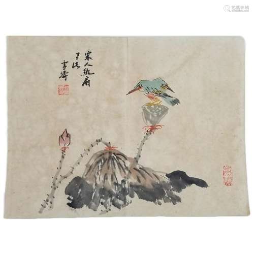 Painting of Bird and Lotus Flower