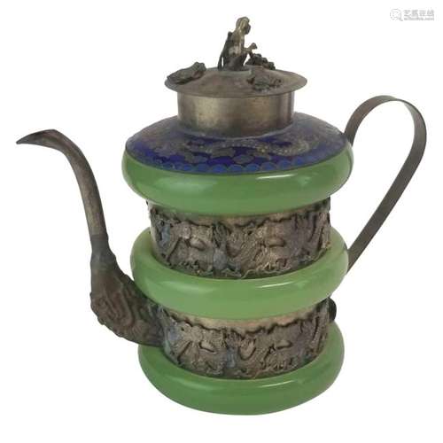 Late Qing Tibetan Silver and Cloisonne Teapot