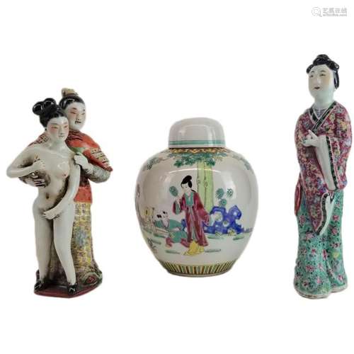 Two Famille Rose Figurines and a Famille Rose Jar