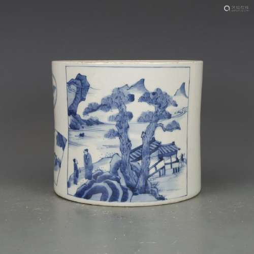 CHINESE BLUE AND WHITE PORCELAIN BRUSH POT