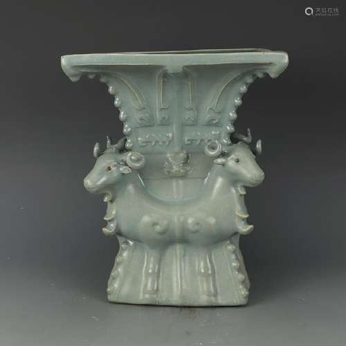 CHINESE CELADON GLAZED SHEEP'S HEAD ZUN