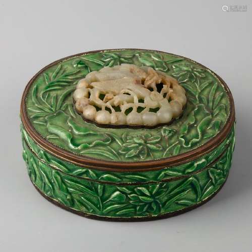 CHINESE BRONZE ENAMEL BOX WITH JADE