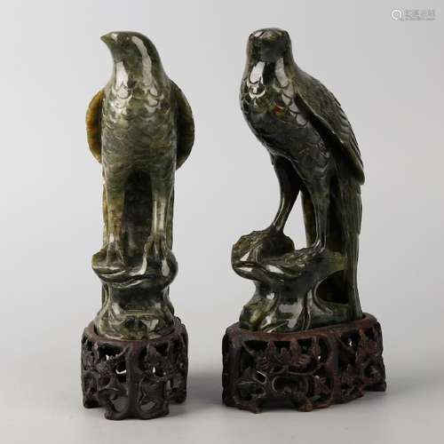 CHINESE PAIR OF SPINACH JADE BIRDS