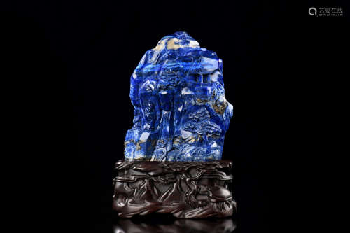 LAPIS LAZULI CARVED MOUNTAIN BOULDER WITH WOODEN STAND, SHANZI