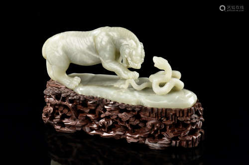 JADE CARVED 'TIGER AND SNAKE' FIGURAL GROUP WITH WOODEN STAND