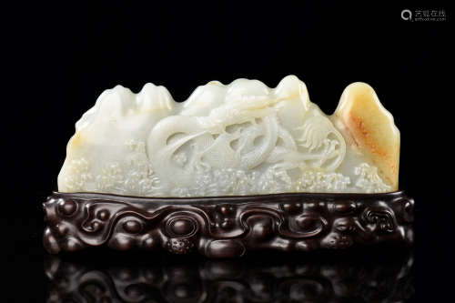 WHITE JADE CARVED 'DRAGON' BRUSH REST WITH WOODEN STAND