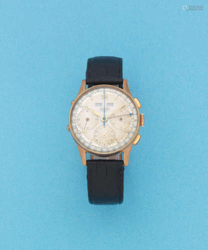 Circa 1950  Heuer. A gold plated and stainless steel manual wind triple calendar chronograph wristwatch