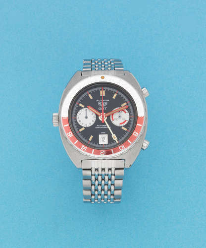 Autavia GMT, Ref: 11630 GMT, Circa 1974  Heuer. A stainless steel automatic calendar chronograph bracelet watch with dual time