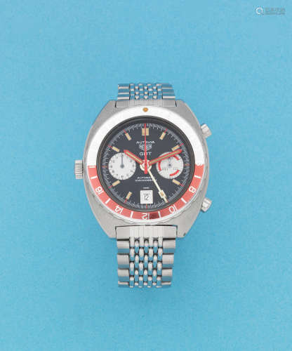 Autavia GMT, Ref: 11630 GMT, Circa 1974  Heuer. A stainless steel automatic calendar chronograph bracelet watch with dual time