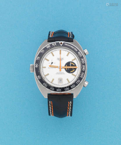 Autavia, Ref: 1563A, Circa 1971  Heuer. A stainless steel automatic calendar chronograph tonneau form wristwatch