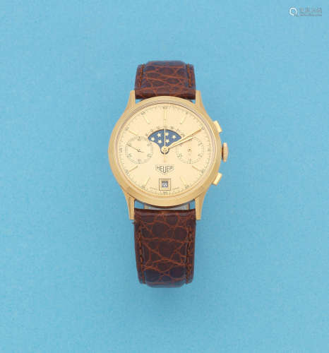 Golden Hours, Ref: 734.508, Circa 1965  Heuer. An 18K gold manual wind calendar chronograph wristwatch with moon phase