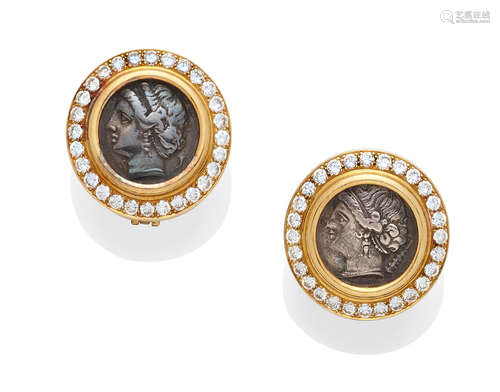 A pair of ancient coin, diamond and 18k gold ear clips