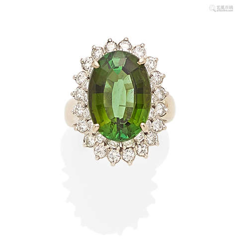 A green tourmaline, diamond and 14k white gold ring