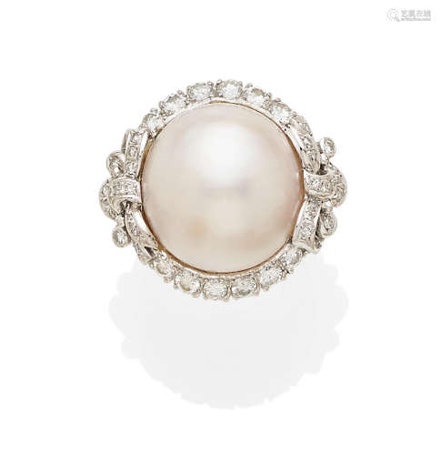 A mabé pearl, diamond and platinum ring