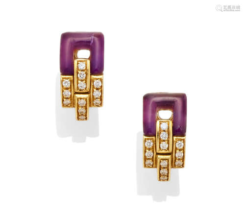 A pair of amethyst, diamond and 18k gold ear clips, Fred, French