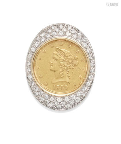 An american $10 gold coin, diamond and bi-color gold pendant