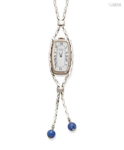 A silver and lapis lazuli pendant watch with integral chain, Gucci