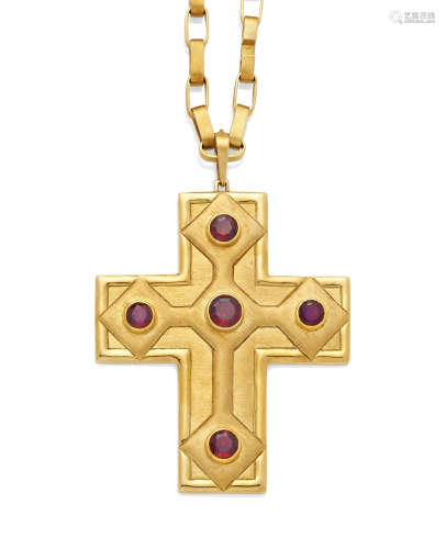 A Garnet and 18K Gold Cross Pendant on Chain, Bruno Guidi and Burle Marx, Brazilian