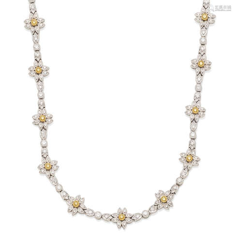 A colored diamond, diamond, 18k white gold and platinum necklace