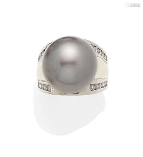 A colored Cultured Pearl, Diamond and 18k Bi-Color Gold Ring
