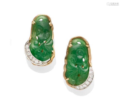 A pair of Jadeite Jade, Diamond and bi-color gold ear clips