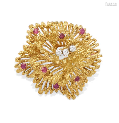 A ruby, diamond and 18k gold brooch,  Tiffany & Co.