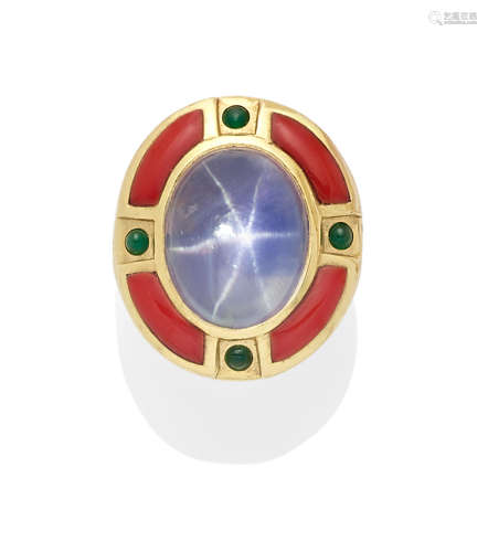 A star sapphire, emerald, chalcedony and 18k gold ring