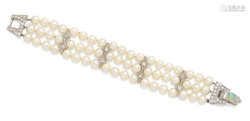A cultured pearl, diamond, opal and platinum bracelet