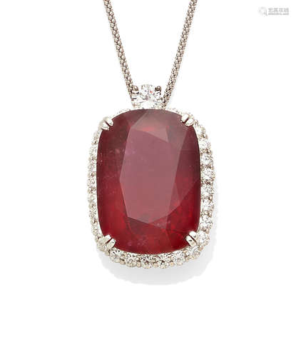 A rubellite, diamond and platinum pendant on platinum chain