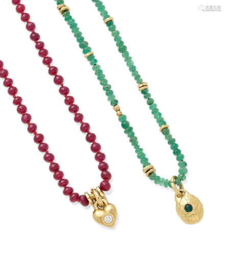 An emerald bead and 18k gold necklace together with a ruby bead, diamond and 18k gold necklace