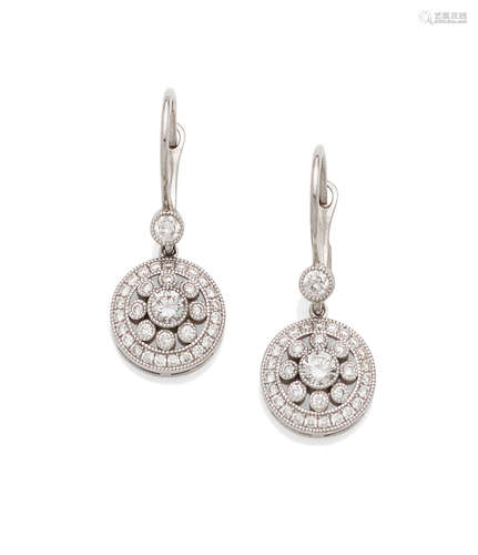 A Pair of Diamond and 18K White Gold Drop Earrings