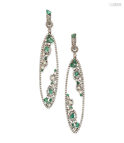 A pair of emerald, diamond and 18k white gold ear pendants