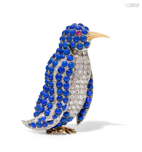 A lapis lazuli, diamond, ruby and 18k bi-color gold penguin clip