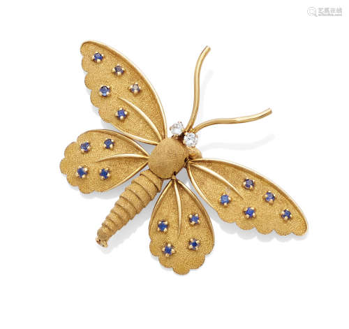 A sapphire, diamond and 18k gold butterfly brooch, French