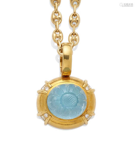 An Aquamarine, Diamond and 18K Gold Pendant on Chain, Gumps and Gucci