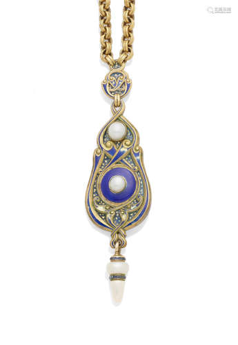 A sapphire, pearl, lapis lazuli, Plique-à-jour, enamel and gold pendant necklace, Marcus & Co., circa 1900