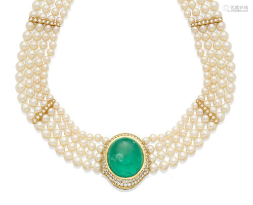 An emerald, diamond, cultured pearl and gold collar