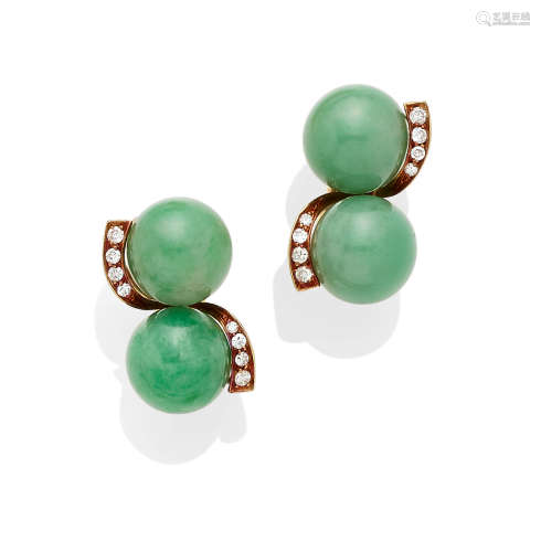 A pair of Jadeite Jade, Diamond and gold ear clips