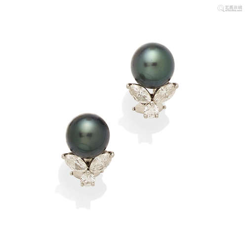 A pair of colored cultured pearl, diamond and platinum ear clips, Tiffany & Co.