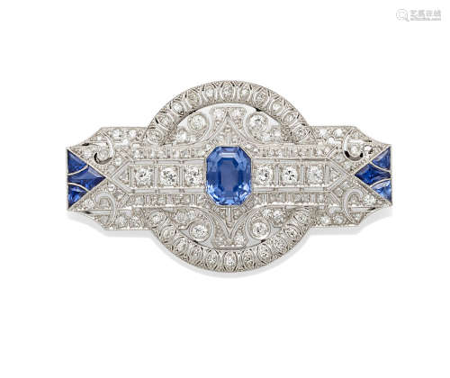 A sapphire, diamond and platinum brooch