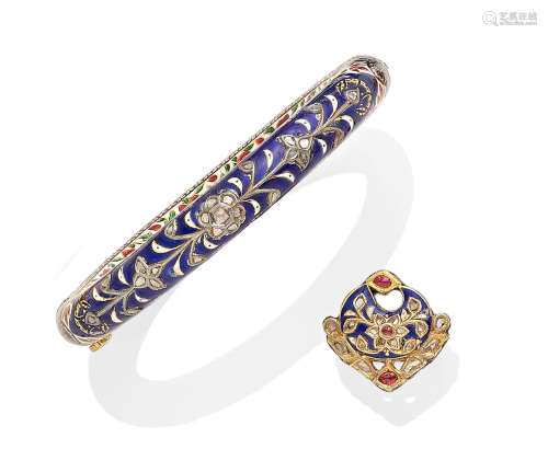 A Diamond, Ruby, Enamel and Gold Ring and Hinged Bangle