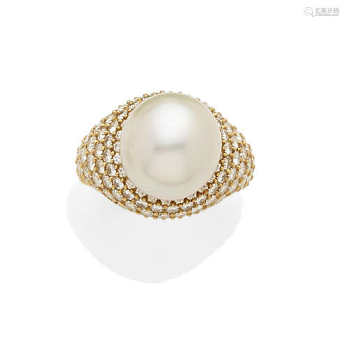 A Cultured Pearl, Diamond and 18K Gold Ring, Kurt Wayne