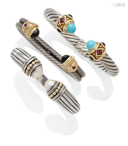 A Collection of Three cultured pearl, Gem-Set Sterling Silver and 14K Gold Cuffs