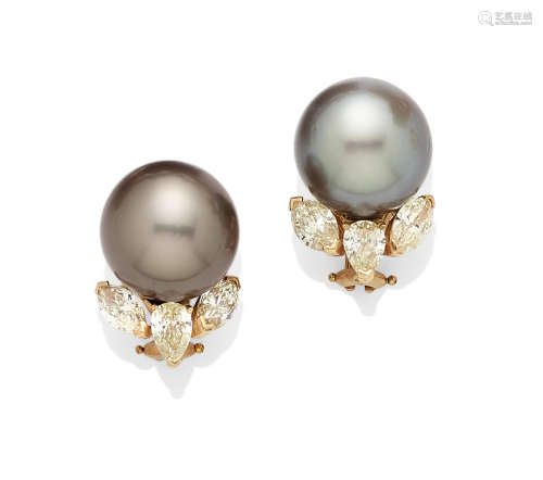 A pair of colored Cultured Pearl, Diamond and 14k gold ear clips