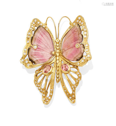 A tourmaline, diamond and 18K gold butterfly brooch